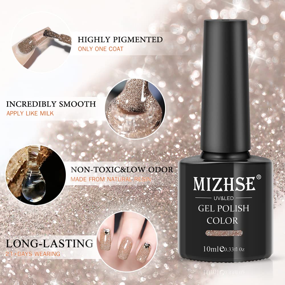 MIZHSE Reflective Gold Glitter Gel Nail Polish, Sparkly Shiny Gel Polish, Glossy Finish Nail Gel Soak Off Nail Art Salon Varnish Manicure for Beginners DIY at Home Popular Color