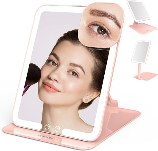 Mocado Travel Makeup Mirror with Light, Tripple Folding Vanity Mirror with Lights, 3 Colors Lighted Makeup Mirror, 1500mAh Rechargeable, Memory Function, Freely Adjust Height and Angle(Pink)