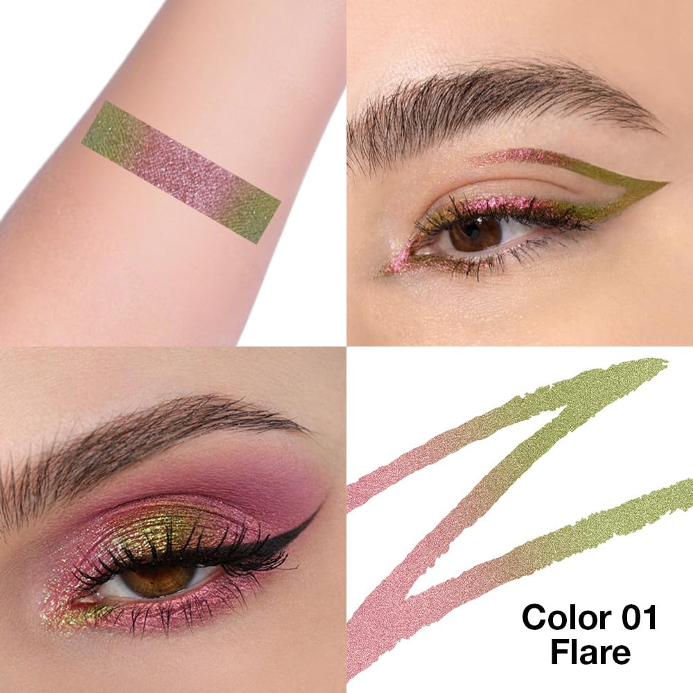 evpct Chameleon Duo Chrome Liquid Eyeliner, Rose Bronzer Flare Glitter Metallic Shimmer Liquid Eyeliner, Multichrome Color Shift, Long Lasting Waterproof Eye Liner Eyeshadow Pencil Face Glitter Makeup