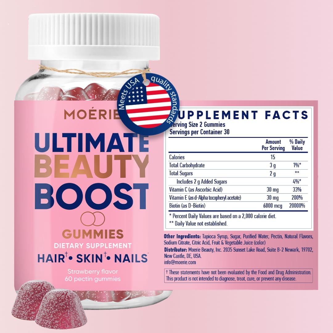 Moerie Hair Skin and Nails Gummies for Women & Men - Biotin for Hair Loss, Gummy Vitamins & Growth Dietary Supplements - Sugarbear for Thicker Hair - Allergen Free - 60 per Serving - Balanced Diet