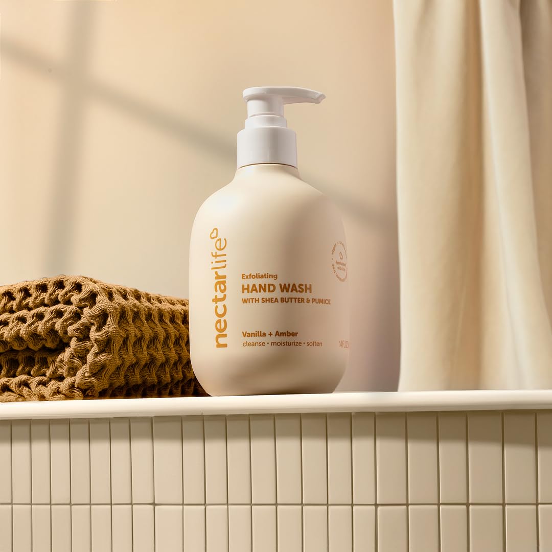 Nectar Life Exfoliating & Moisturizing Hand Wash, Volcanic Pumice for Hand Scrub, Shea Butter Softens Hands, Clean Vegan Ingredients, Vanilla Scent