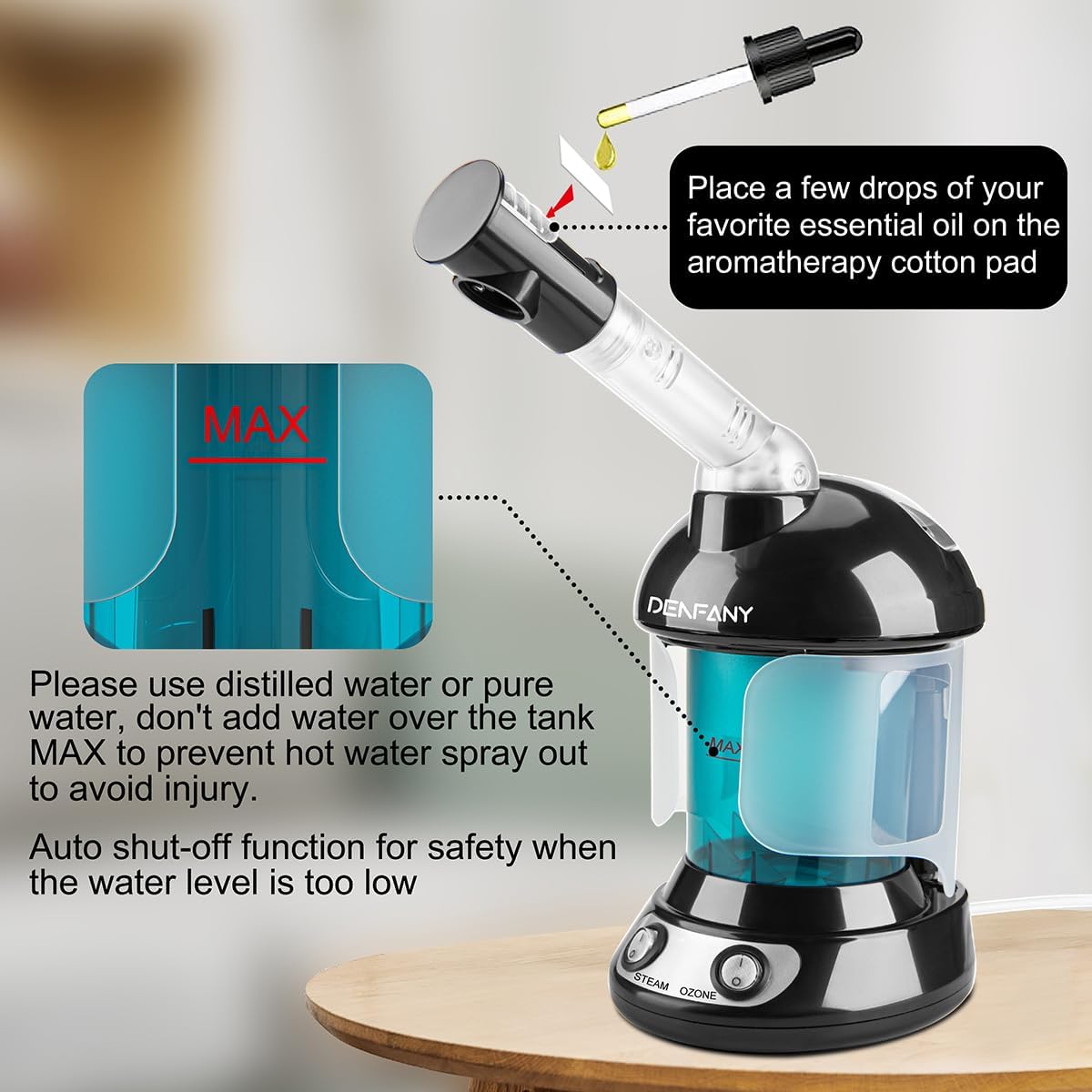 Facial Steamer - DENFANY Nano Ionic Face Steamer with Extendable 360° Rotating Arm - Portable Facial Steamer for Personal Care at Home or Salo (Black)