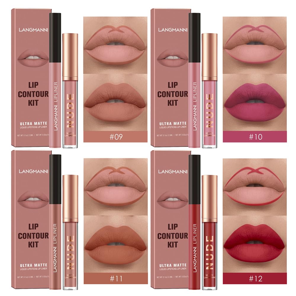 LANGMANNI 4pcs Matte Lipstick with Lipliners Durable Makeup Set,Long-Lasting Non-Stick Cup Not Fade Waterproof Pigmented Velvet Lipgloss Kit Beauty Cosmetics Makeup Gift for Girls(#9+10+11+12)