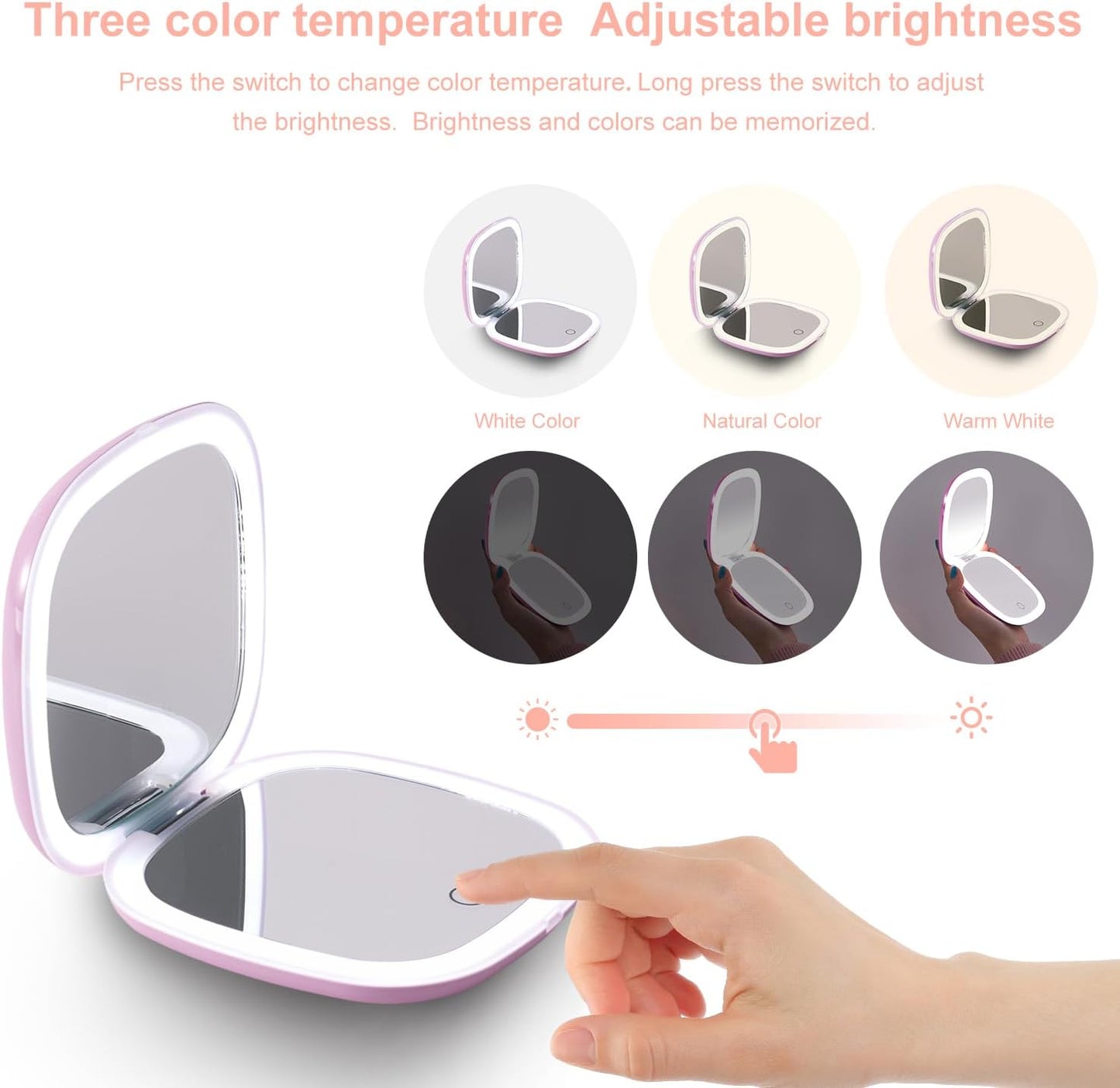 Mocado Compact LED Travel Makeup Mirror - 4 Inches 1X/10X Magnification Travel Mirror with Light Dimmable Double Sides Lighted USB Rechargeable Compact Mirror for Purse,Pocket,Travel(Purple)