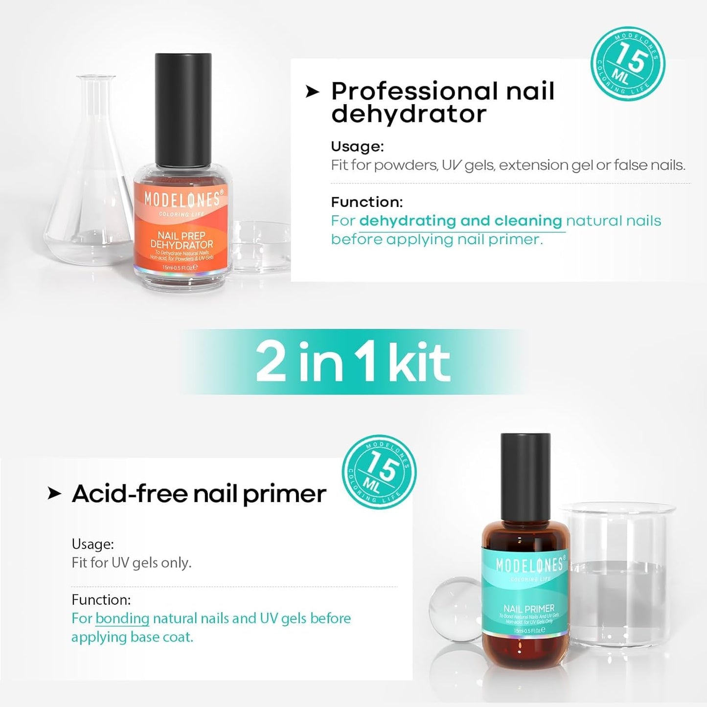 modelones 15 ml Nail Dehydrator and Primer, Acid Free Base Coat Natural Prep Dehydrate & Bond Primer Kit, Hema-Free Acrylic Nail Supplies