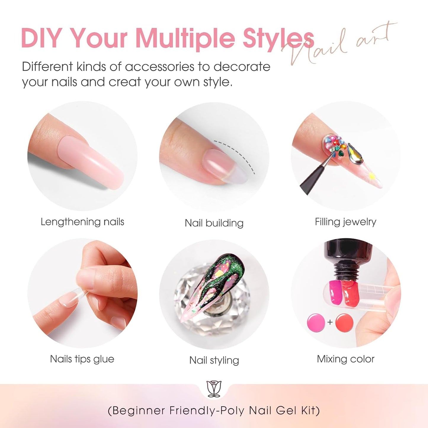 ROSALIND Poly Nail Gel Kit -14 Colors +72 Nail Art Accessories kit Nude Pink Poly Nails Gel Kit Starter Kit with Mini UV Lamp Slip Solution Basic Poly Nail Art Tools for Beginners with Everything