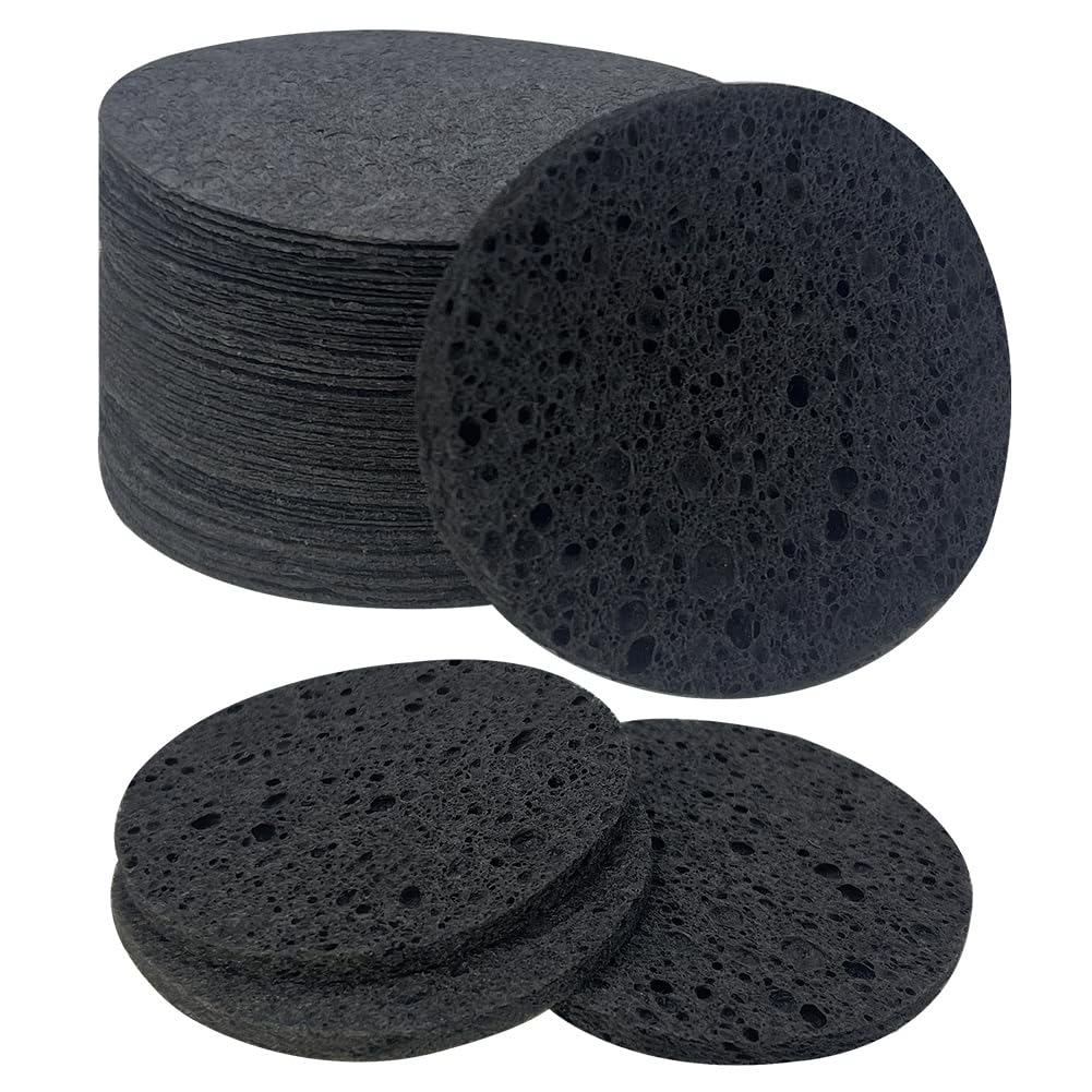 50-Count Facial Sponges Compressed Natural Cellulose Sponge Round Shape Face Sponge for Face Cleansing Exfoliating and Makeup Removal, Black