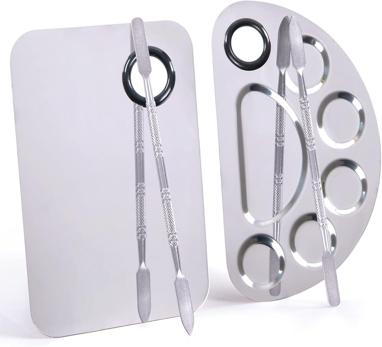 Makeup Palette, Makeup Mixing Palette, Stainless Steel Metal Foundation Palette with Spatula Artist Tool for Mixing Foundation Nail-Art, Cosmetic Mixing Makeup Palette, Makeup Plate, 6×4"/Silver/2pcs