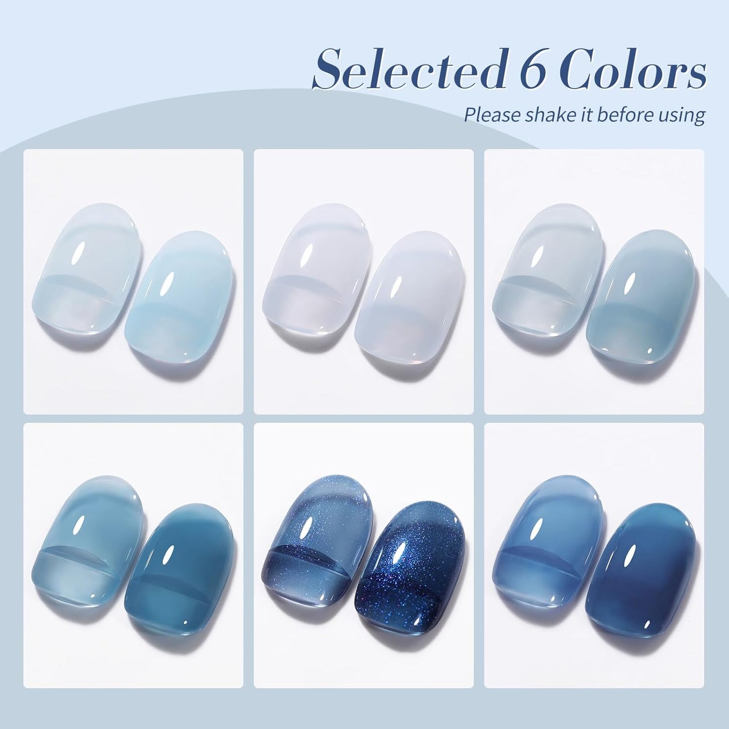 BORN PRETTY Jelly Blue Gel Nail Polish Set 6 Colors Translucent Light Blue Baby Blue Royal Blue Reflective Glitter Blue Nail Gel Kit Soak Off Nail Art Manicure Design Home Salon Holiday Gift