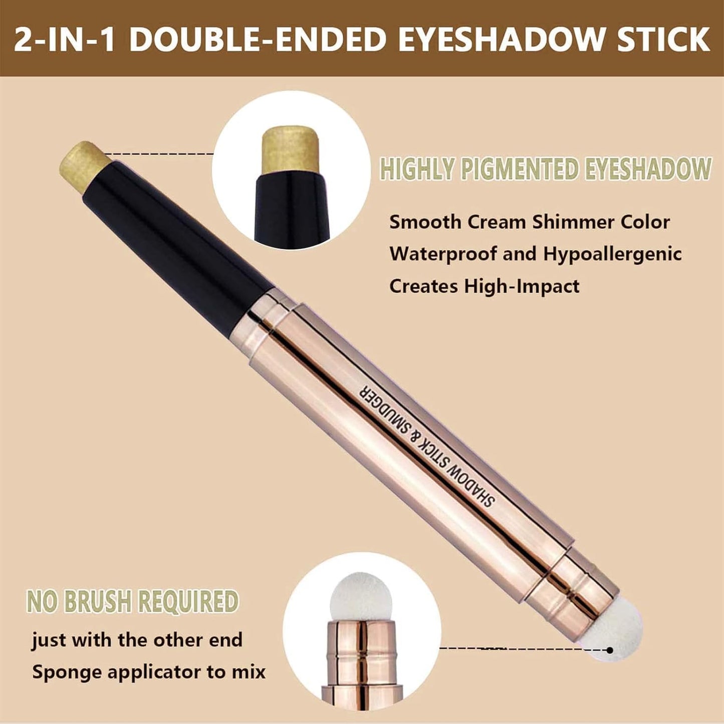 2 in1 Gold Copper Eyeshadow Stick and Sponge Makeup Brush Smooth Creamy Shimmer Eye Shadow Pen Long Lasting Waterproof Eyeshadow Highlighter Stick Makeup, Hypoallergenic Highlighter Eyeliner