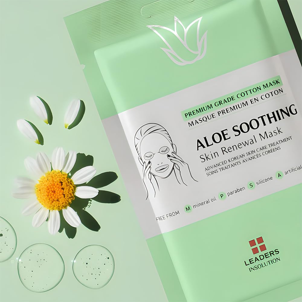 Leaders Insolution Aloe Soothing Skin Renewal Mask | Organic Aloe Leaf & Cactus Extract Hydrating Facial Treatment for Sensitive, Dry, Acne-Prone Skin | UV Repair & Hydration Boost (10 Sheets)