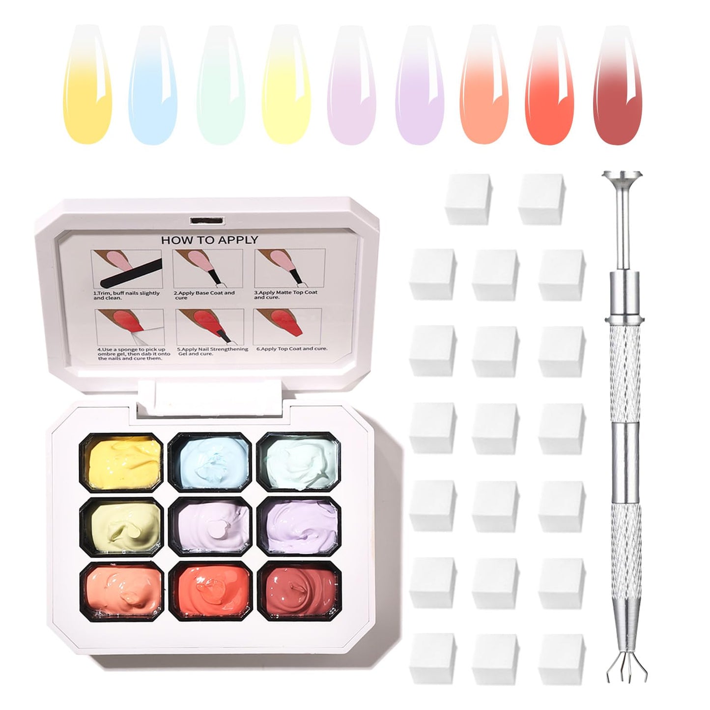 Ombre Gel Nail Polish with Nail Art Sponges for Pat Gel Ombre Color Palette Blush Effect Gradient Painting Gels 9colors for Ombre Nails Multistyle French Manicure DIY