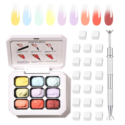 Ombre Gel Nail Polish with Nail Art Sponges for Pat Gel Ombre Color Palette Blush Effect Gradient Painting Gels 9colors for Ombre Nails Multistyle French Manicure DIY