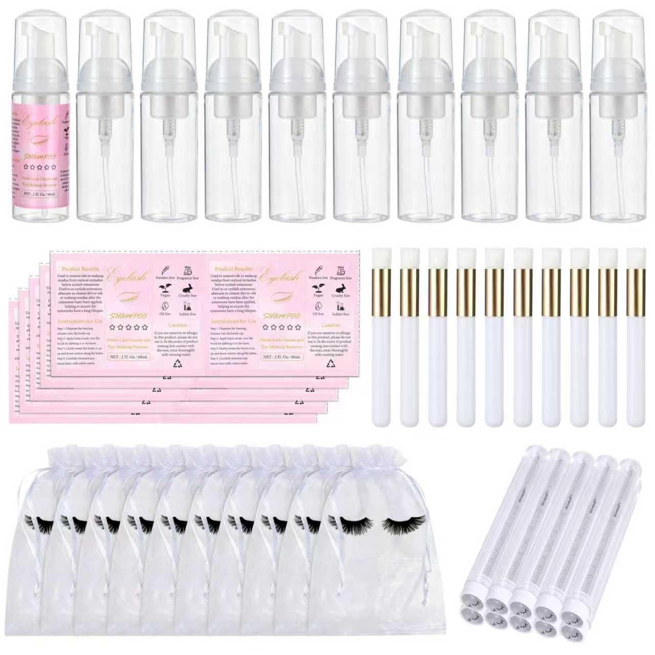 50 Pcs Lash Shampoo Bottle Brushes Set 10 Empty Foam Pump Dispensers 10 Label Stickers 10 Mascara Wands and Tubes 10 Cleansing Brush 10 Bag for Eyelash Extensions Aftercare(White)