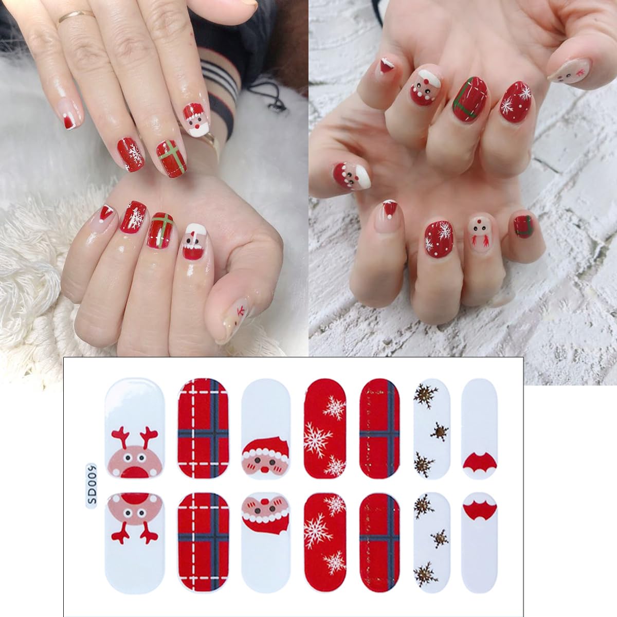 6Sheets Christmas Gel Nail Stickers White Snowflake Gel Nail Polish Strips Glitter Santa Claus Xmas Trees Elk Design Cute Christmas Stickers Full Wrap Winter Gel Nail Strips for Women Manicure DIY