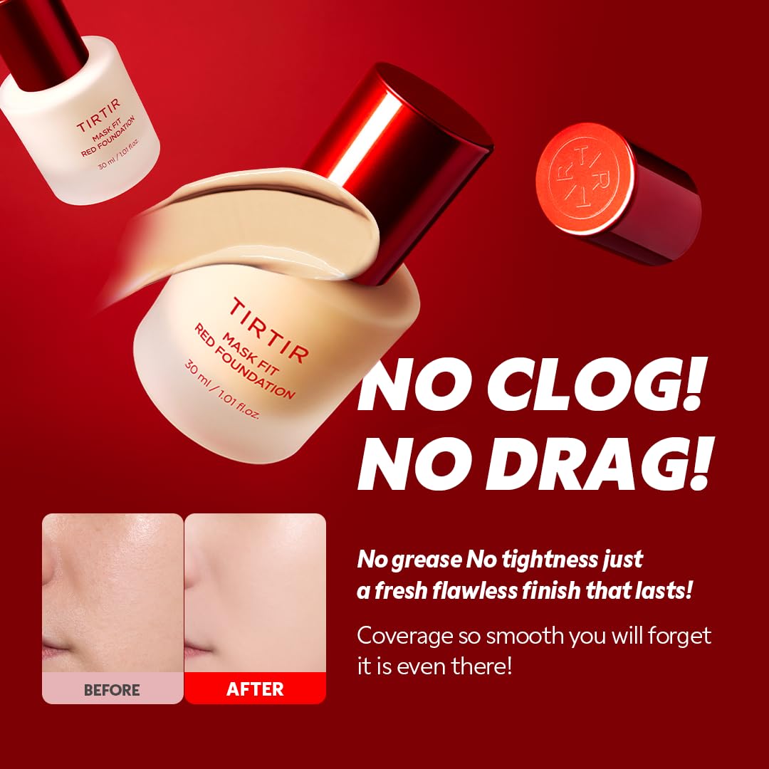 TIRTIR Mask Fit Red FoundationㅣLong Lasting Flawless Coverage, Energy Essence, Lightweight, Hydrating, Pore-Blurring, Breathable Satin Finish, Makeup, Radiant Skin, #21C Cool Ivory, 1.01 Fl Oz