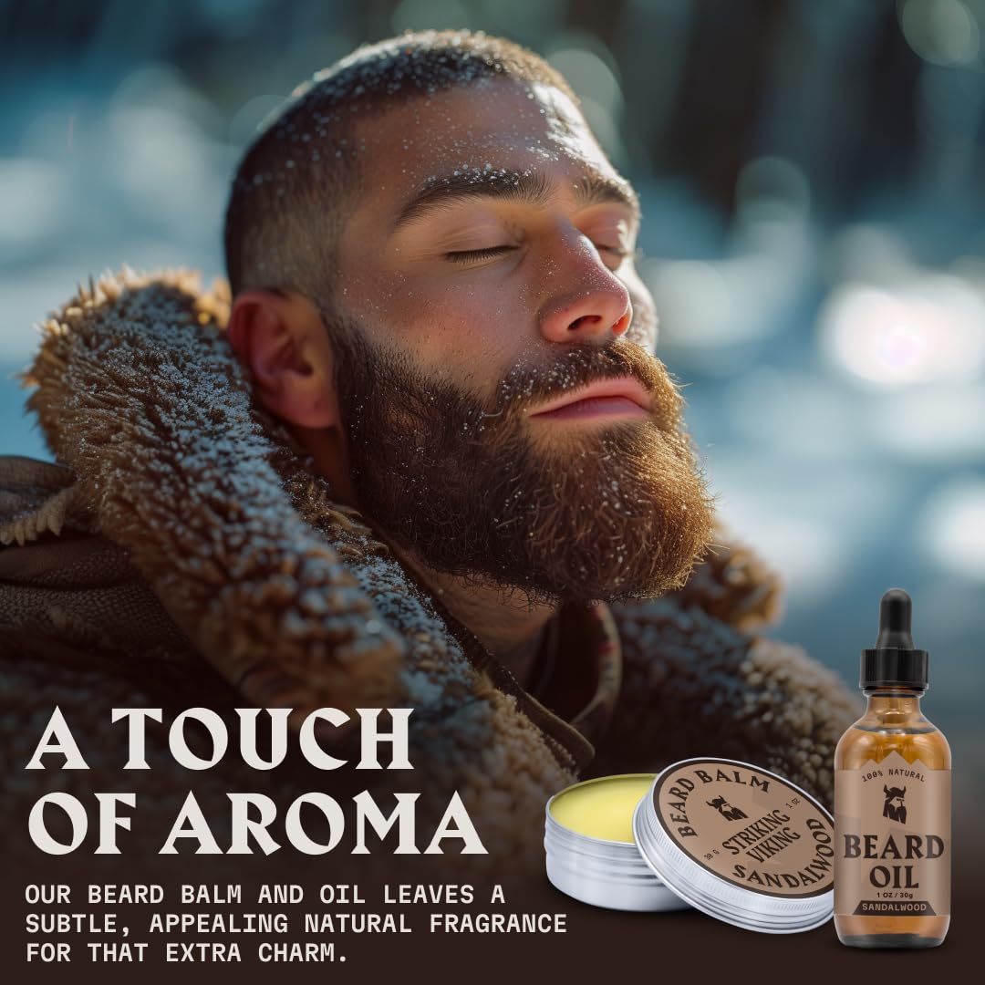 Striking Viking Beard Oil and Balm - Men's Beard Grooming Kit with All-Natural Beard Oil and Leave in Beard Balm Conditioner - Enriched with Argan and Jojoba Oil, Sandalwood
