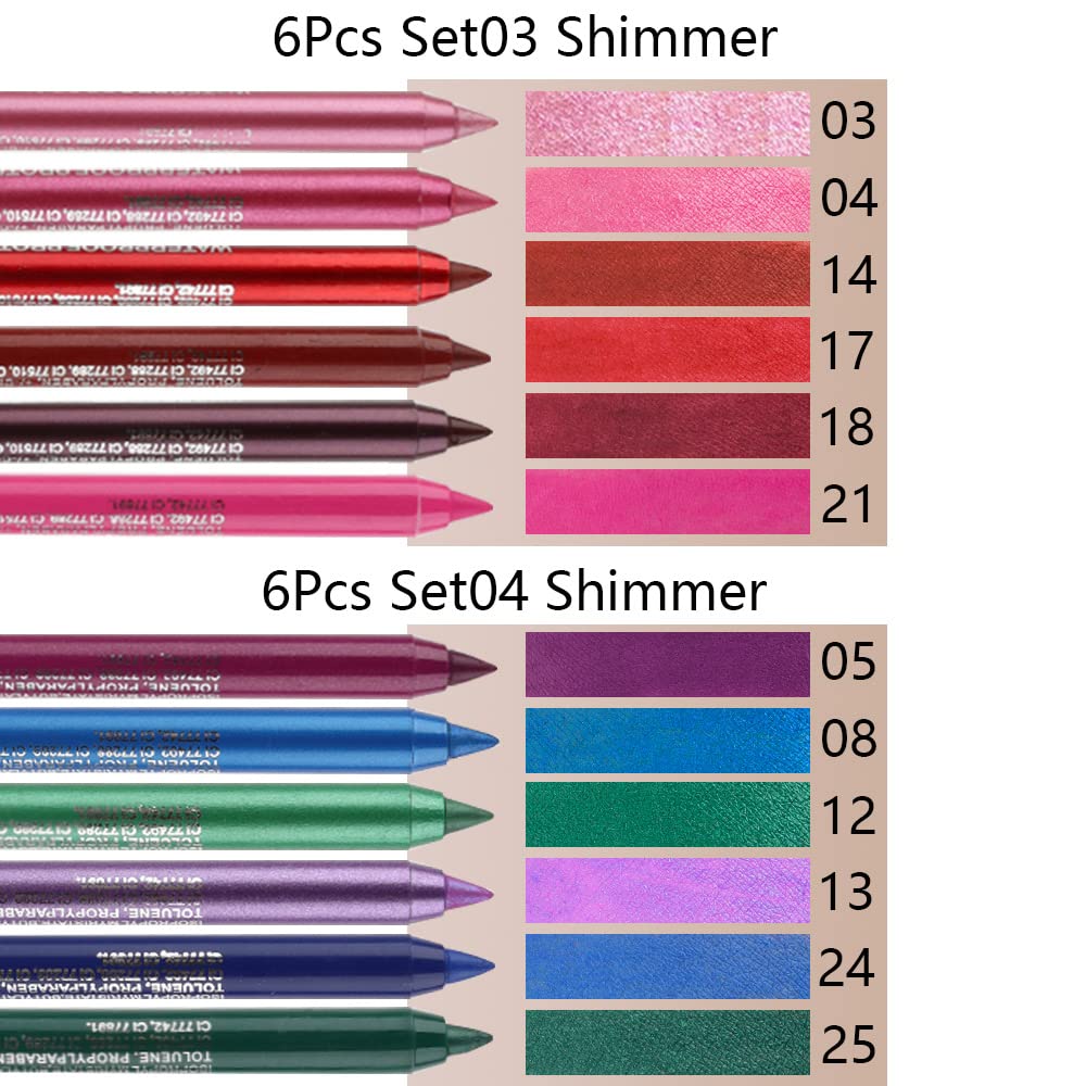 evpct 6Pcs Glitter Eyeliner Pencils Set delineadores de colores para ojos lapiz de ojos negro a prueba de agua Pink Rose Red Orange Purple Metallic Colorful Liquid Eye Liners Set for Women Waterproof