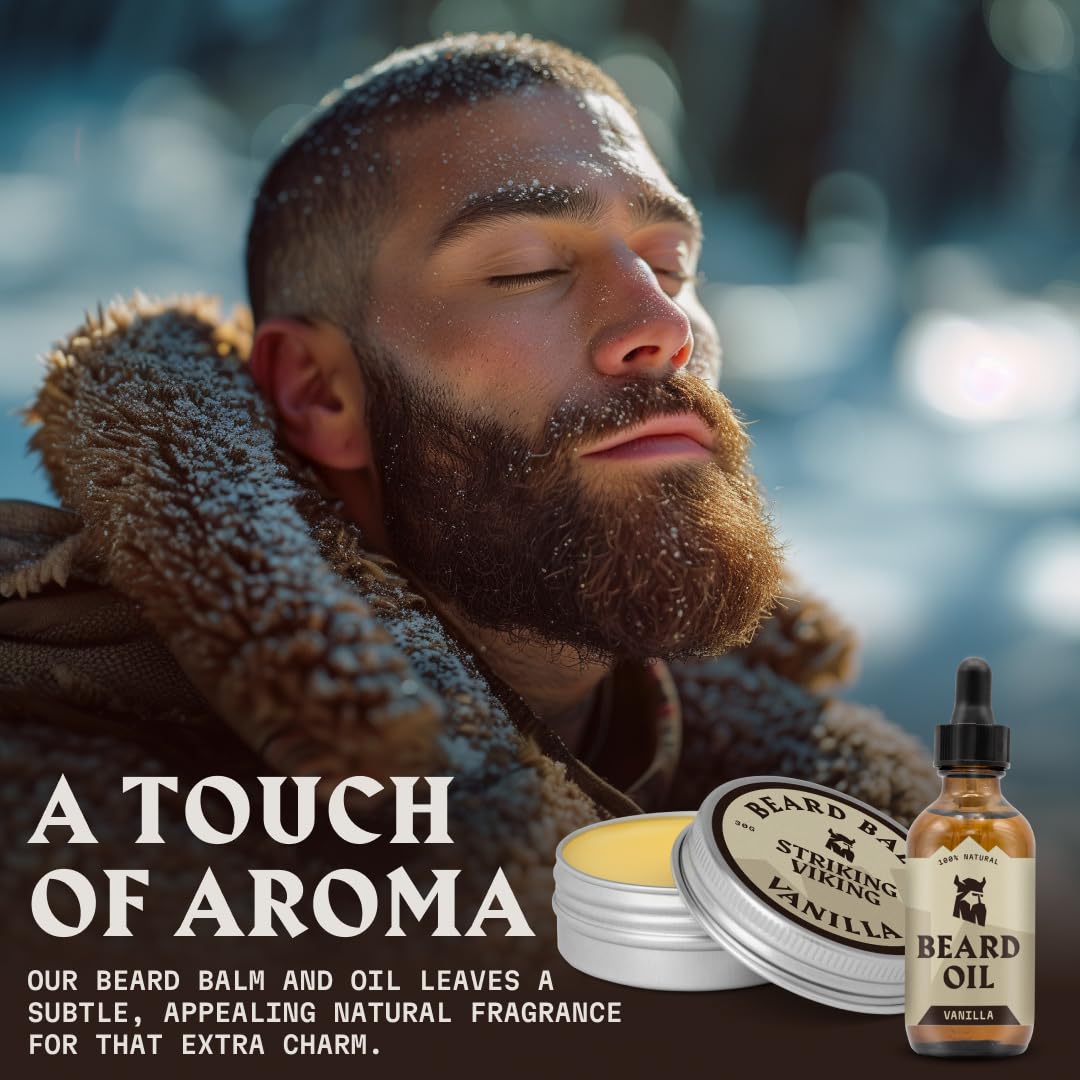 Striking Viking Beard Oil and Balm - Leave in Beard Conditioner - Tames, Styles, Softens, and Moisturizes Beards and Mustache - Made with All Natural and Organic Argan and Jojobo Oils, Vanilla