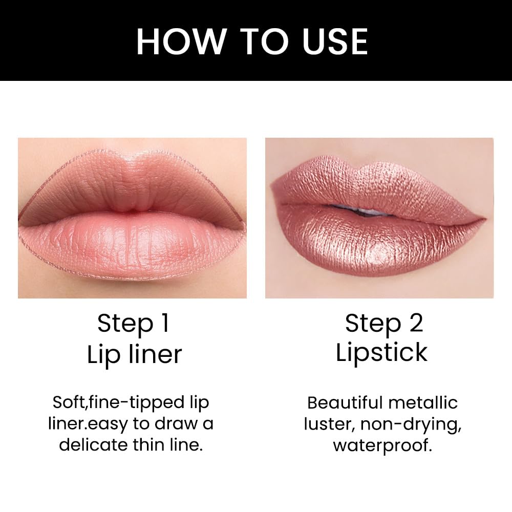 evpct 1Pcs Rose Nude Pink Metallic Shine Shimmer Lip Liner and Lipstick Combo Set Kit for Women, Lightweight Hydrating Formula High Impact Full Coverage Lipstick and Lip Liner Makeup Gloss, 17#