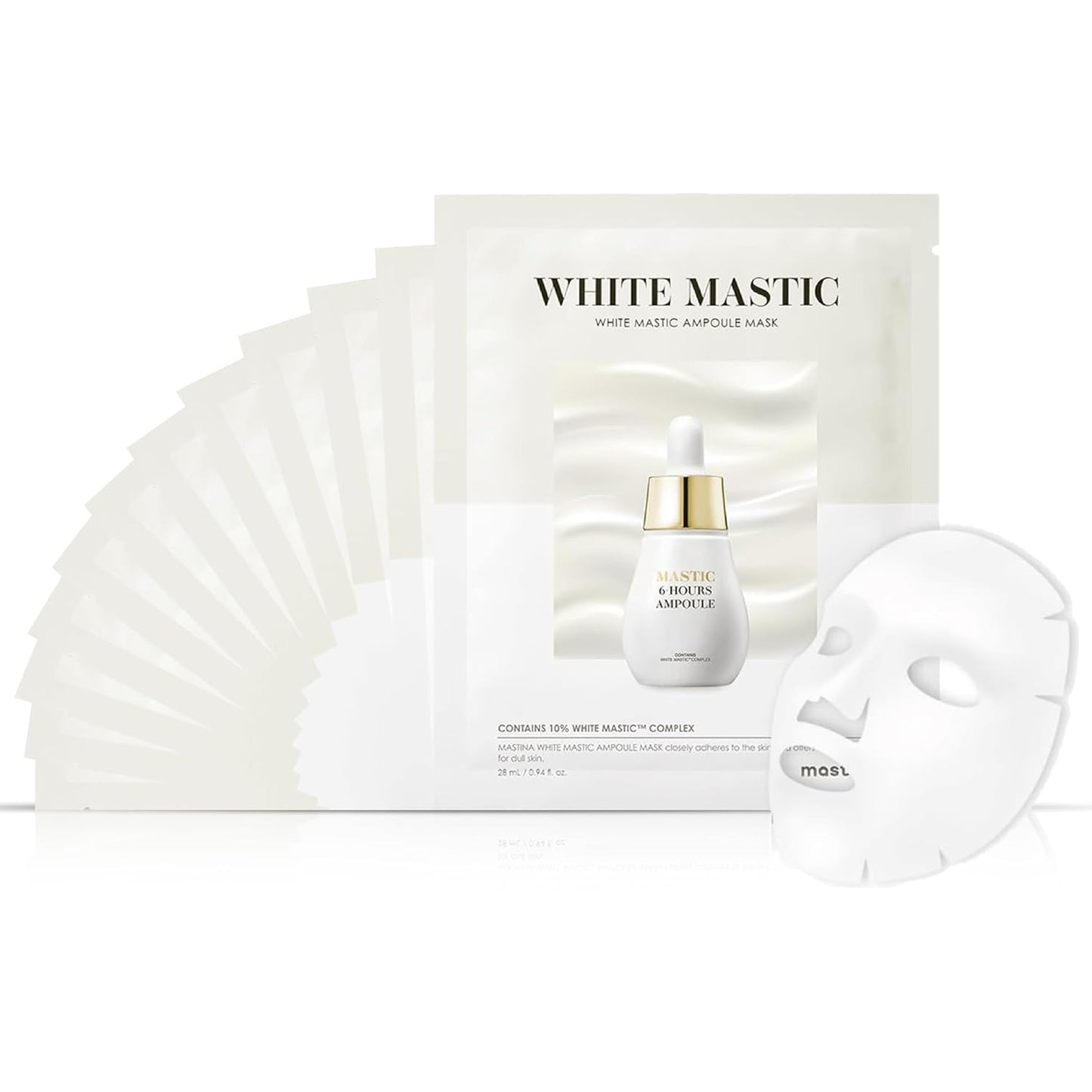 MASTINA White Mastic Ampoule Sheet Mask Pack of 12- Illuminating. Ultra-Moisturizing Facial Mask. Intensive Korean Skin Care. Fermented Mastic Gum