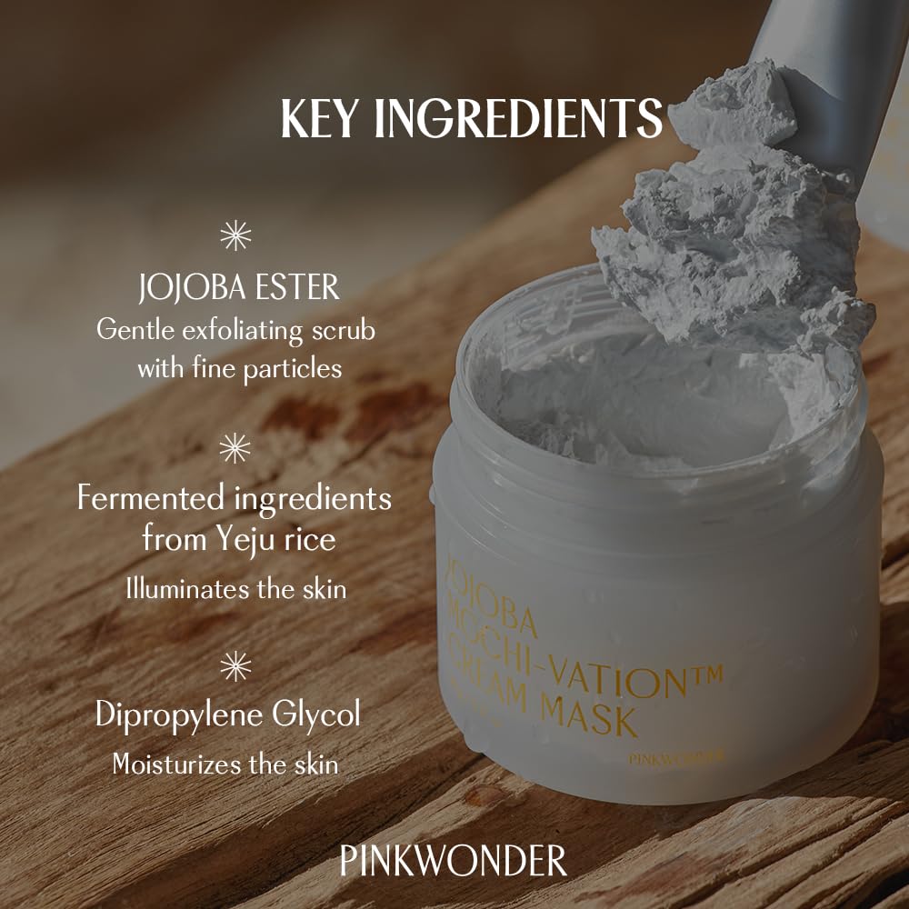 PINKWONDER Jojoba Mochi-Vation™ Cream Mask 3.17oz (90g), Clay Mask with Organic Jojoba Oil and Korean Rice Extract, Wash-Off Face Mask, Korean Glass Skin