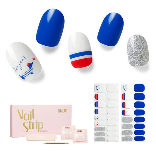 NAILOG Semi Cured Gel Nail Strips - 34 pcs | Buy 2 Get 1 UV Lamp | Long Lasting Nail Polish Sticker Wraps with Glossy Gel Finish, Bonjour
