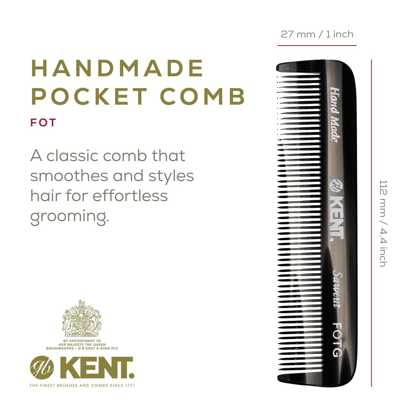 Kent FOT Black Graphite Fine Tooth Comb for Men - Handmade Pocket Comb for Travel, Styling, Fine or Thinning Hair, Mustache and Beard Care Handpolished Saw-Cut Made in England