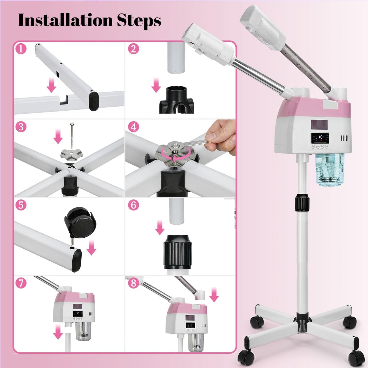 Professional Facial Steamer,2 in 1 Facial Steamers with Hot&Cool Mist, Height Adjustable Face Steamer, Pink Esthetician Steamer for Home Salon Spa