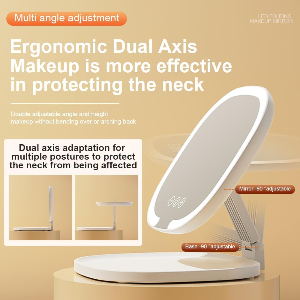 Rechargeable LED Travel Makeup Mirror, 3-Color Lighting, Dimmable Touch Screen, Multi Angle Adjustable, Foldable and Portable Desktop Vanity Mirror with Storage Tray(Creamy)