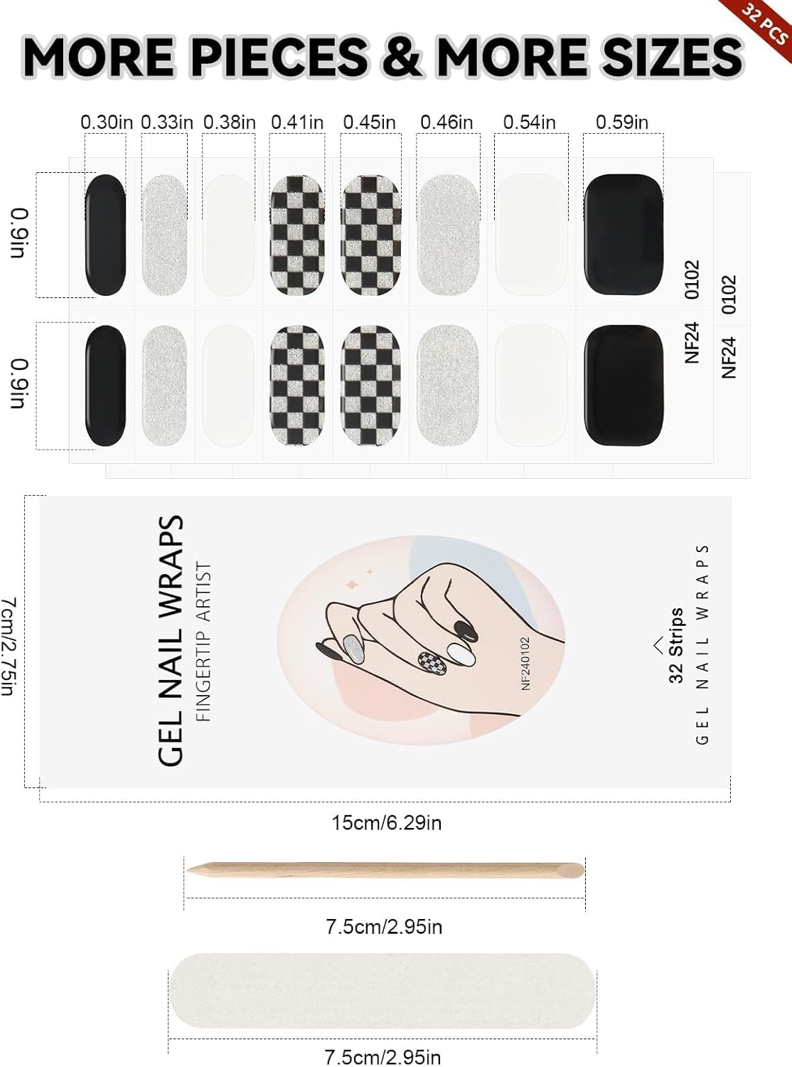 32PCS Semi-Cured Gel Nail Strips EBANKU Nail Polish Stickers Long-Lasting Semi-Cured Gel Nail Wraps Full Nail Polish Wraps Shiny Nail Decors Gel Nail Art Stickers UV/LED Lamp Required (Black Plaid)