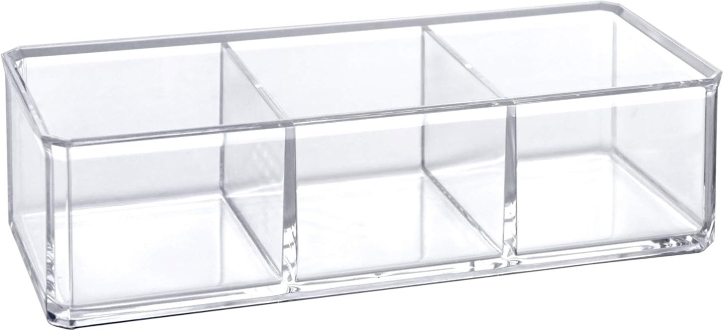 Amazing Abby - Glamour - Acrylic 3-Compartment Makeup Organizer, Transparent Plastic Lipstick Holder, Perfect Bathroom Vanity Storage Solution for Lipsticks, Nail Polishes, and More