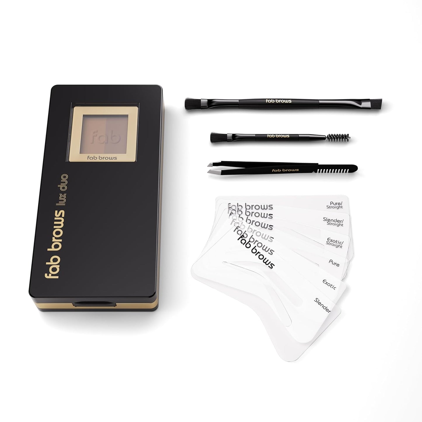 LUX Duo Stencil Eyebrow Kit - The Ultimate Brow Stencil Kit with Duo Brow Powder, Highlighter Powder, Stencil Shapes, Eyebrow Tools & Mirror - Eyebrow Stencil Kit Makeup - Light Brown/Medium