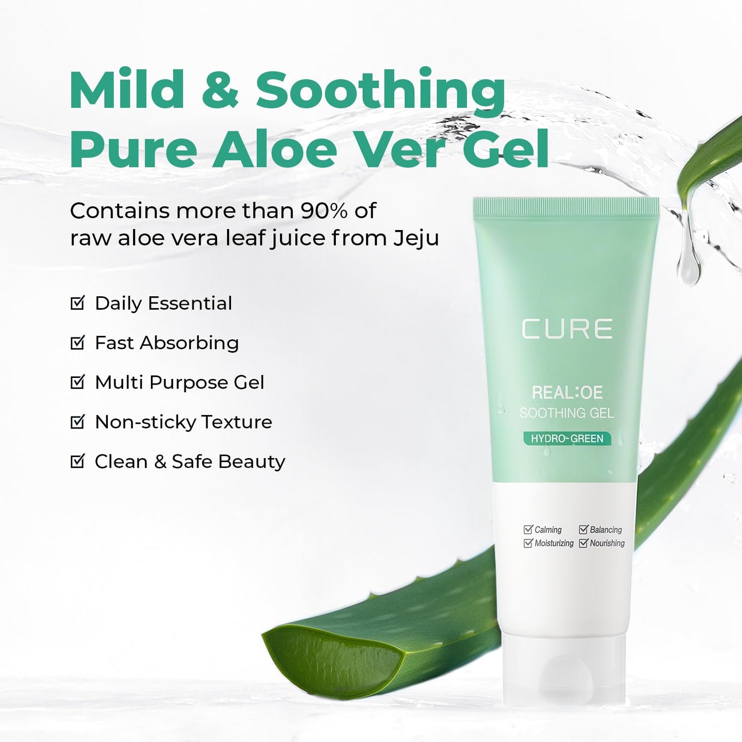 CURE Aloe Vera Gel with 90.52% Leaf Juice, Soothing & Hydrating Korean Skin Care for Sun-Exposed or Dry Skin, 5.07 fl oz, Refreshing Gel Moisturizer for Face & Body