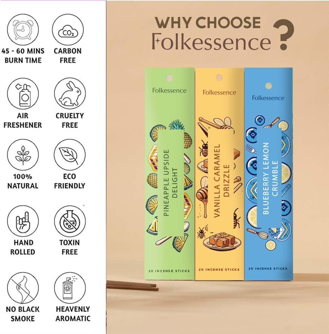 Folkulture Incense Sticks with Holder for Gift | Set of 6 (120) Non Toxic Fall Incense Sticks with 45 Mins Burn Time | Bakery Themed Organic Fall Scents- Vanilla Caramel, Strawberry, Cinnamon Insense