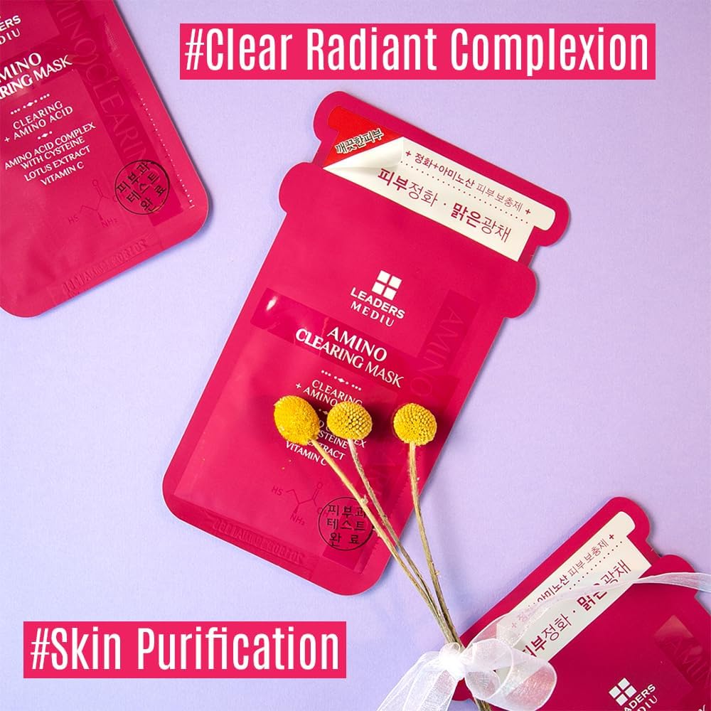 Leaders Mediu Amino Brightening & Clearing Facial Sheet Mask | Vitamin C, Lotus Extract for Acne Scars, Hyperpigmentation, Dark Spots, Even Skin Tone (10 Sheets)