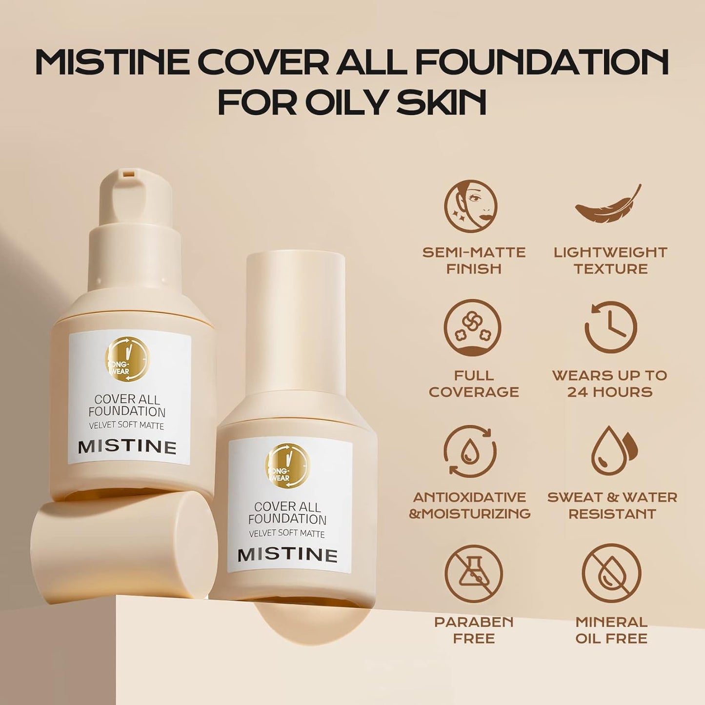MISTINE Full Coverage Foundation Makeup for Oily Skin,24 Hour Oil Control Liquid Foundation,Skin-Caring,Moisturizing Formula,Cream Foundation,Matte Finish,Nude,1 Fl Oz