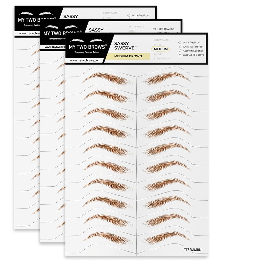 30 Pairs Medium Brown Temporary Eyebrow Tattoos, Waterproof and Smudge-Proof Medium Sassy Swerve Style Realistic Eyebrow Stickers for Women, Easy to Apply, Won't Work on Existing Brows