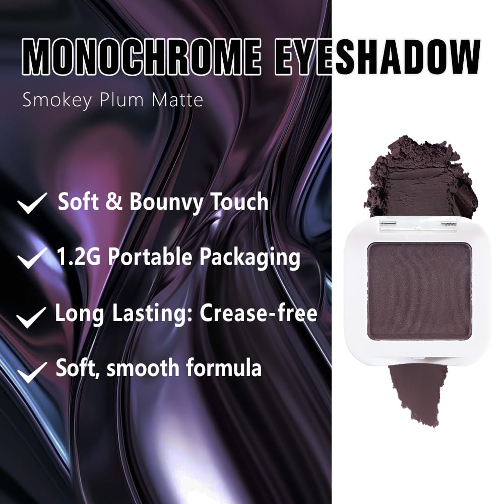 Matte Singe Eye Shadow Palette Makeup, Matte Smokey Plum Monochrome Eyeshadow For Old Women, Mini Singe Pressed Pigmented Waterproof Sombras Para Ojos, Vegan, Talc,Paraben & Cruelty Free, 15