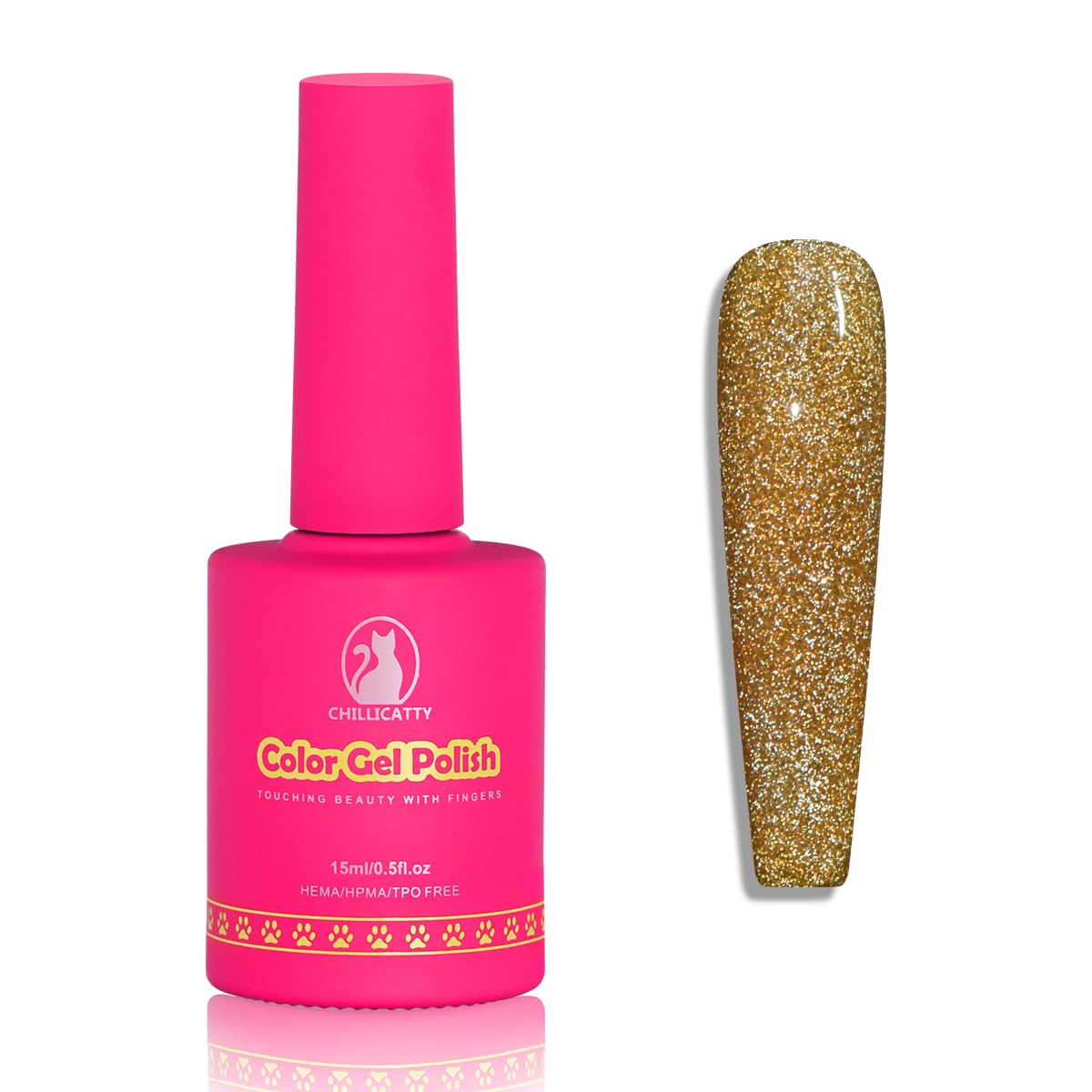 Reflective Glitter Gel Nail Polish, HEMA HPMA TPO Free, Gold Flash Diamond Shimmer, Need UV Lamp Long Lasting Salon Perfect Gel Nail 15ML for Women (Dia-001)