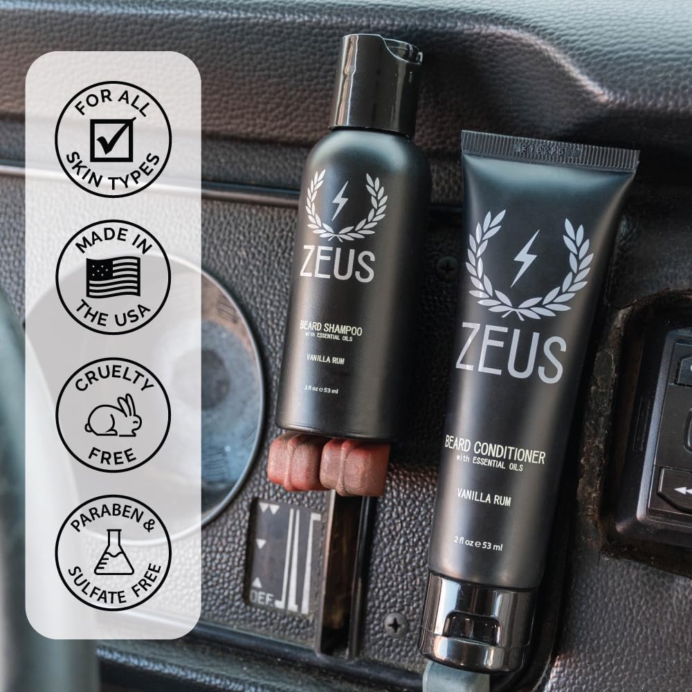 ZEUS Travel Beard Shampoo & Conditioner Combo for Men, Grooming Set with Green Tea & Essential Oils, Softens, Hydrates & Moisturizes Facial Hair (Made in USA) Sandalwood
