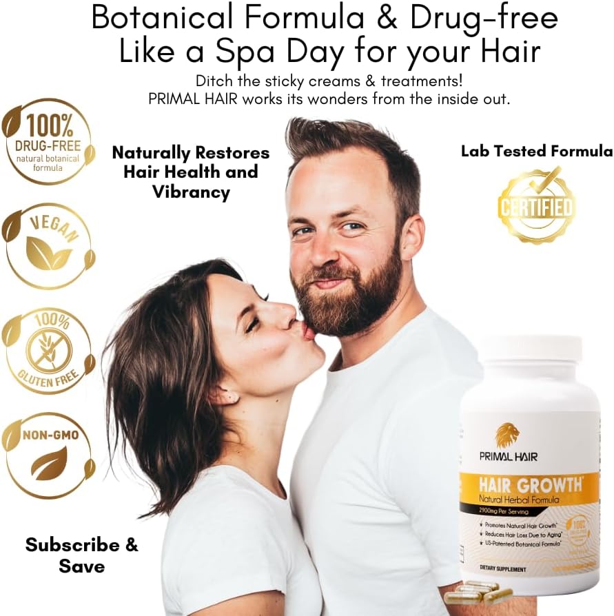 100% Natural Growth Treatment, Reduces Hair Loss, US Patented Formula Proven Effective for Men & Women, 100% Vegan Ingredients, Non-GMO, 30-Day Supply