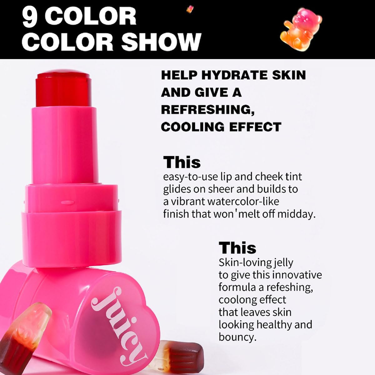 Cooling Water Jelly Tint Stick，Multi-Use Juicy Love Blush, 3-In-1cheek Blush & Eyeshadow & Lip Tinted Long-Lasting Moisture Stick，Bouncy Jelly Texture，Creates A Moist Watercolor Effect (#07, 0.32oz)