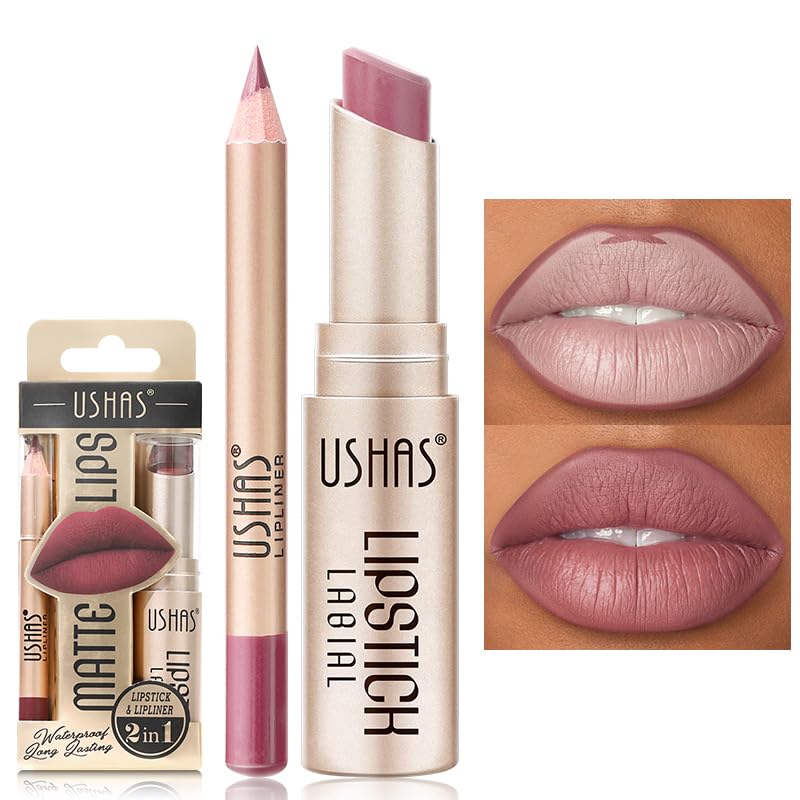 USHAS 2 in 1 Waterproof Lipstick Combo Set - Long Lasting Matte Lipstick Pen with Lip Liner - Makeup Kit (G5, Pack of 1)