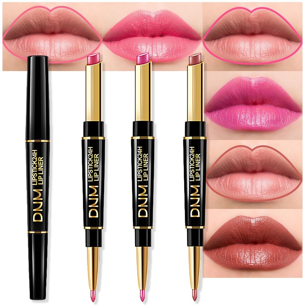 evpct 3Pcs Mauve Warm Bright Pink Red Shine Lip Liner and Lipstick Combo Set Kit for Women, Moisturizing Glossy Tinted Lip Stick Balm Care, Sheer Shine Juicy Finish, Lightweight Hydrating Formula