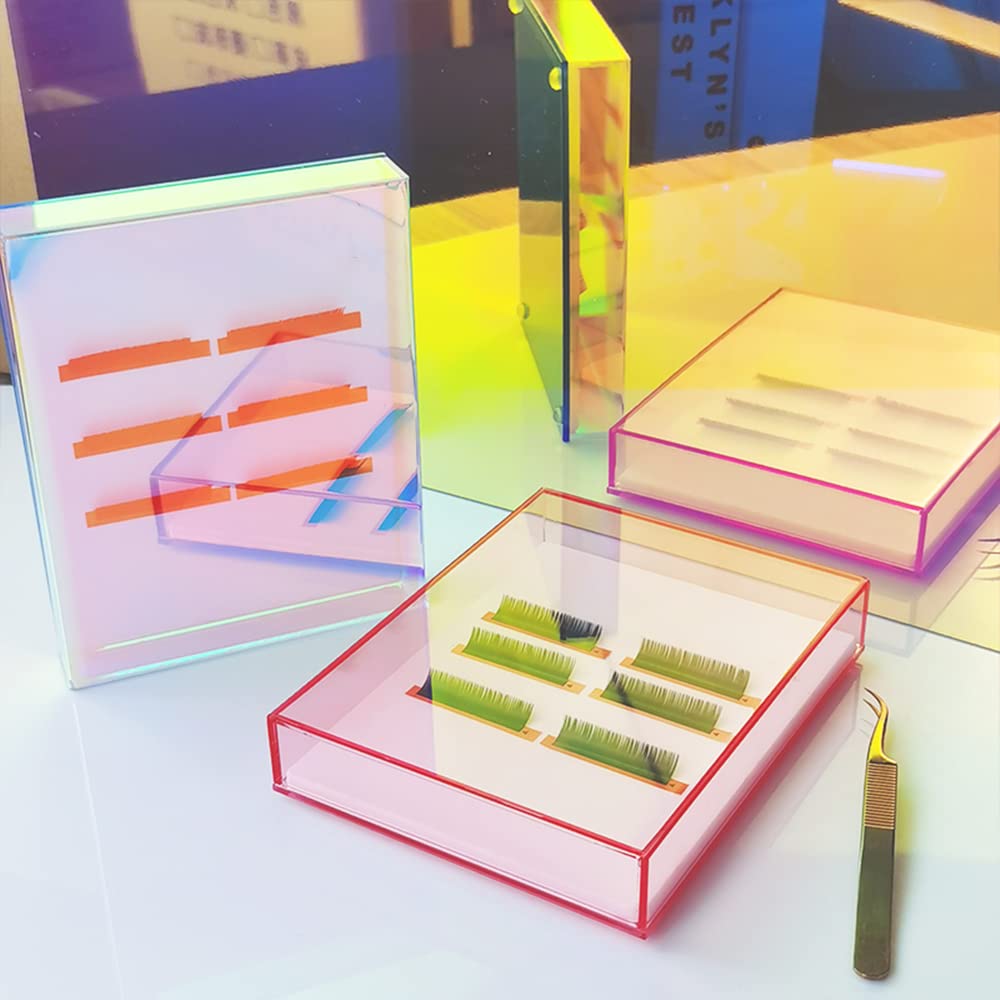 Grafting False Eyelash Acrylic Extension Pallet Organizer, Eyelash Extension Glue Tweezers Plate Makeup Palette, Dustproof Storage Box Display Training Tools Salon (Transparent Pink L)