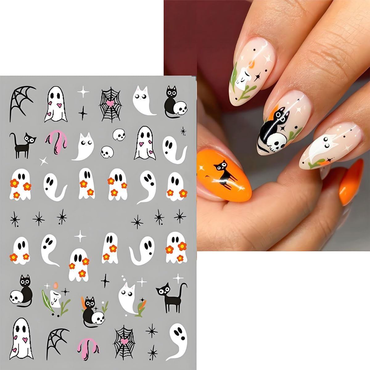 12Pcs Halloween Nail Stickers - 3D Self-Adhesive Halloween Nail Decals - Pink Ghosts Skull Pumpkin Nail Design Decorations for Halloweens DIY Manicure Supplies