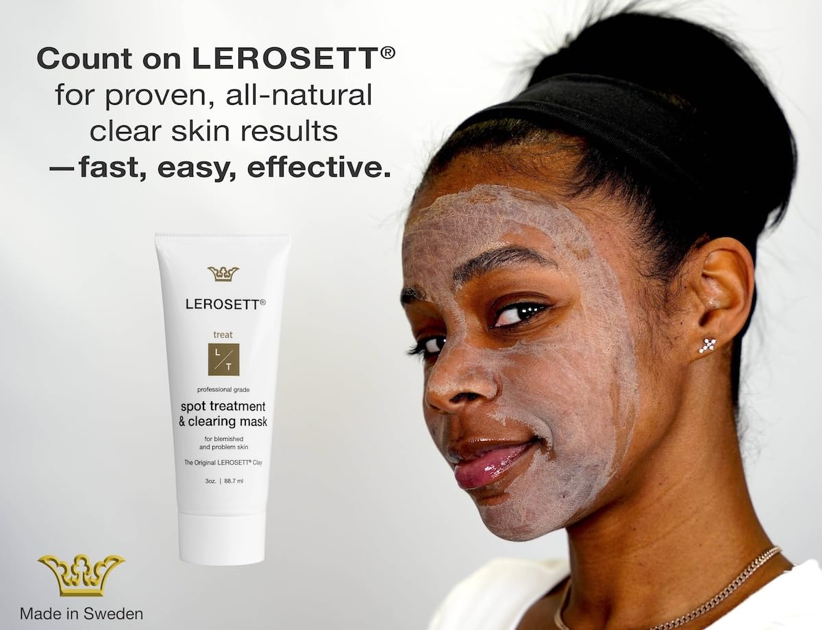 LEROSETT Facial Clay Mask for Acne, Oily Skin, Visibly Tightens Pores. Overnight Spot Treatment for Pimples, Blemishes, Cysts, Blackheads. 100% Natural, Spa-Grade, Made in Sweden Since 1987