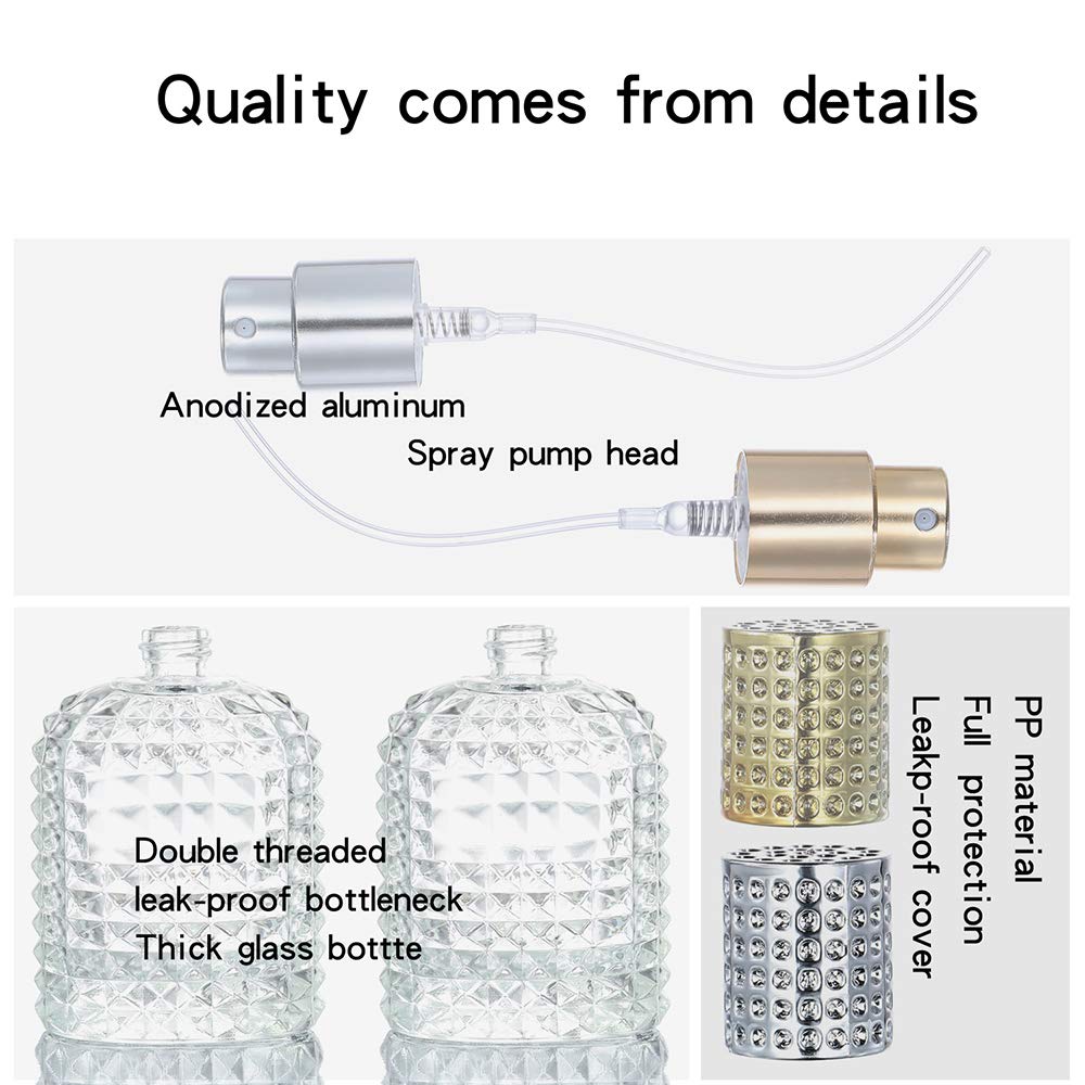 2 Pack 50ml Thick Clear Glass Fine Mist Spray Scent Aftershave Luxury Perfume Bottles Empty Atomizer Spray Bottle with 4 kinds of perfume dispenser (Silver cap and Gold cap)