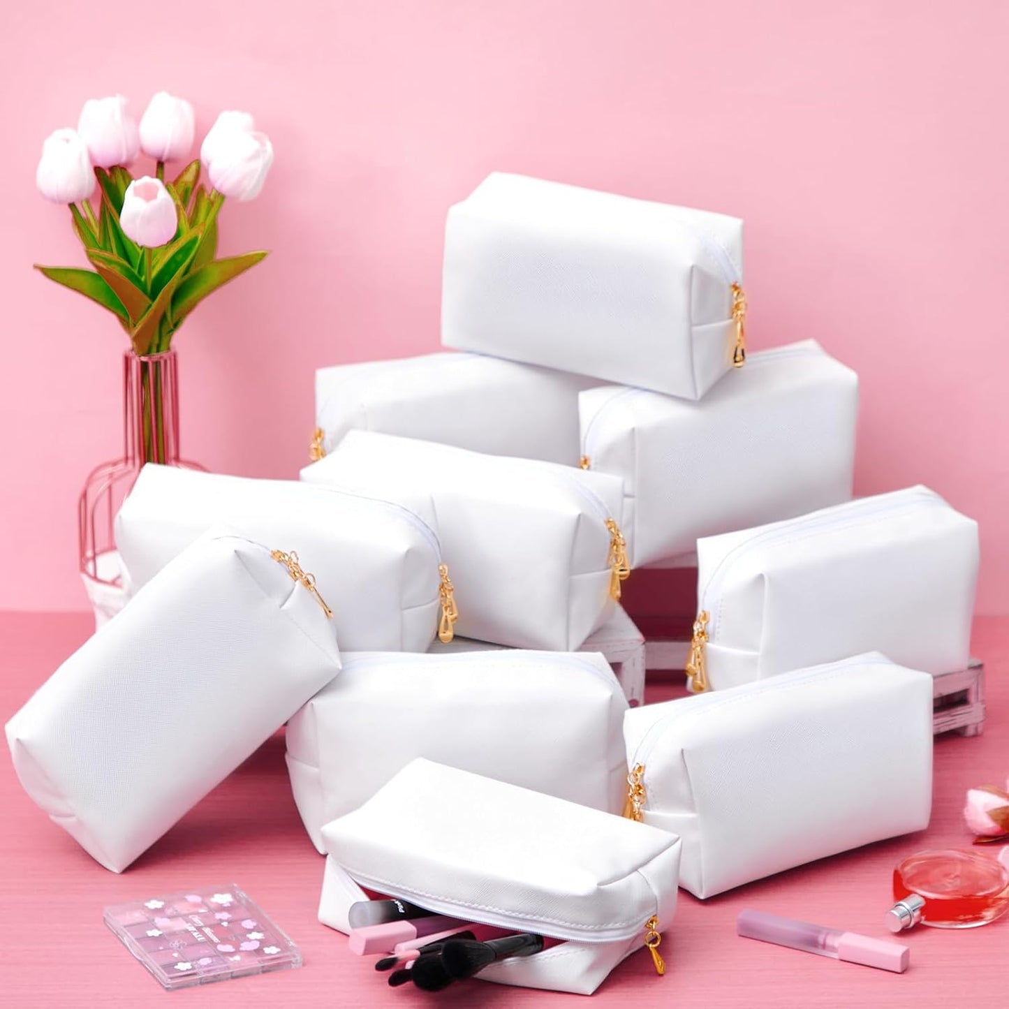 Kigeli 15 Pcs Aesthetic Makeup Bags PU Leather Cosmetic Pouches Waterproof Plain Toiletry Bags Makeup Pouches Bulk for Women Party Gift Travel Storage Organizer(White)